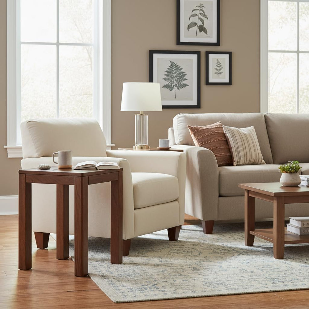 100% Solid Wood End Table for Living Room, Walnut Dining Stools with Round Ed...