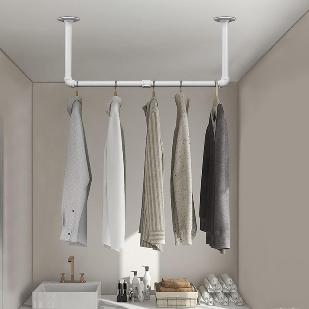 Industrial Iron Pipe Clothes Hanging Bar DIY Wall-Mounted Garment Rack Heavy Duty Clothing Rack for Bedroom, Laundry Room, Closet Storage (White 24 inch)