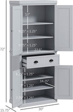Pantry Storage Cabinet, 72" Traditional Freestanding Cabinet with 4 Doors and 3 Adjustable Shelves, Kitchen Large Central Drawer
