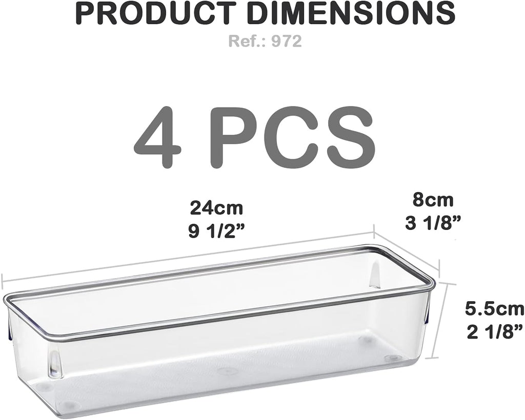 Acrimet Drawer Organizer Modular, Box Tray Storage Bins for Office, Home, Makeup, Kitchen, Junk Drawer ( 4 Pieces) (Clear Crystal Plastic)