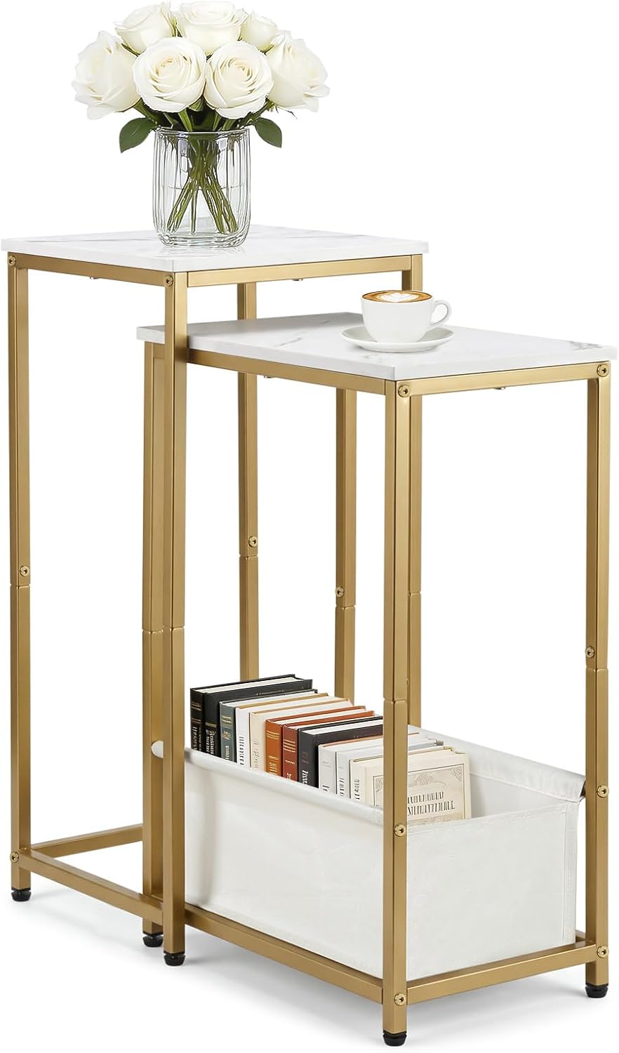 Nesting End Tables Set of 2, Stacking Side Table with Fabric Storage Basket, ...
