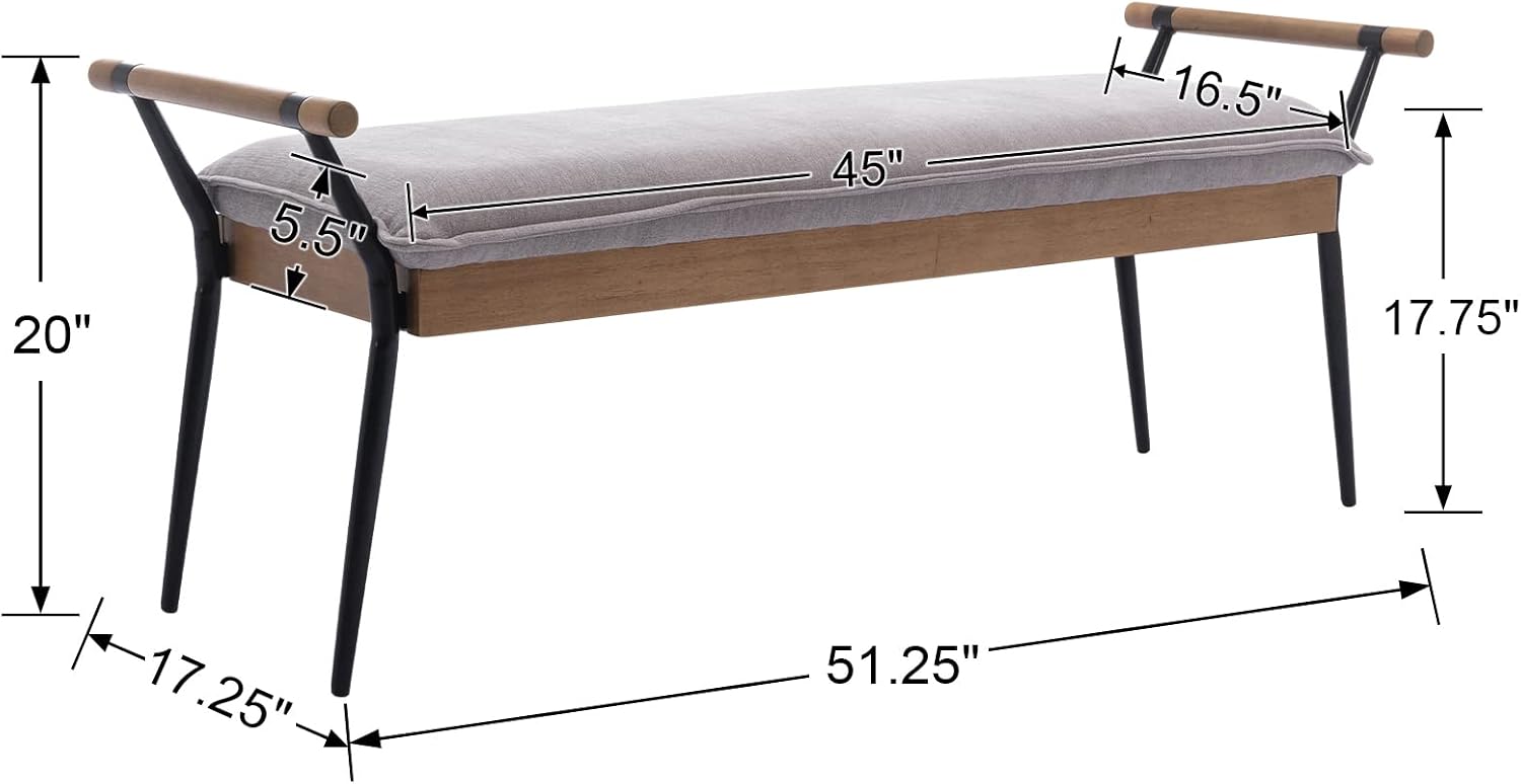 DUOMAY Modern Rectangle Ottoman Bench with Arms and Metal Legs, Mid Century Chenille Fabric Dining Table Bench Footstool Entryway Shoe Bench for Dining Room Bedroom Living Room, Grey