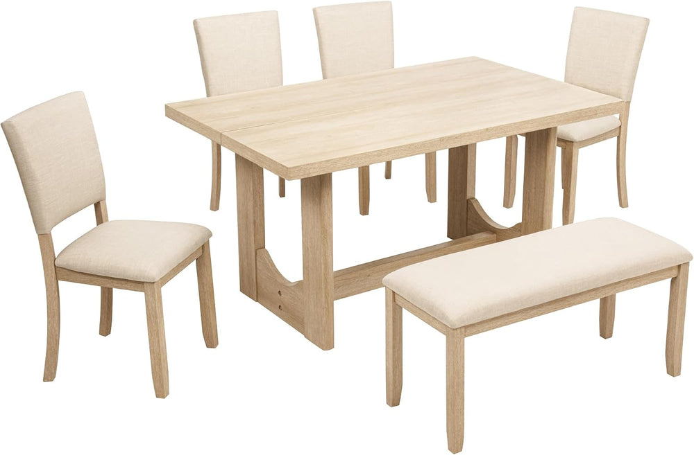 Merax Farmhouse Rectangular Dining Table with U-Shaped Base, 4 Upholstered Ch...