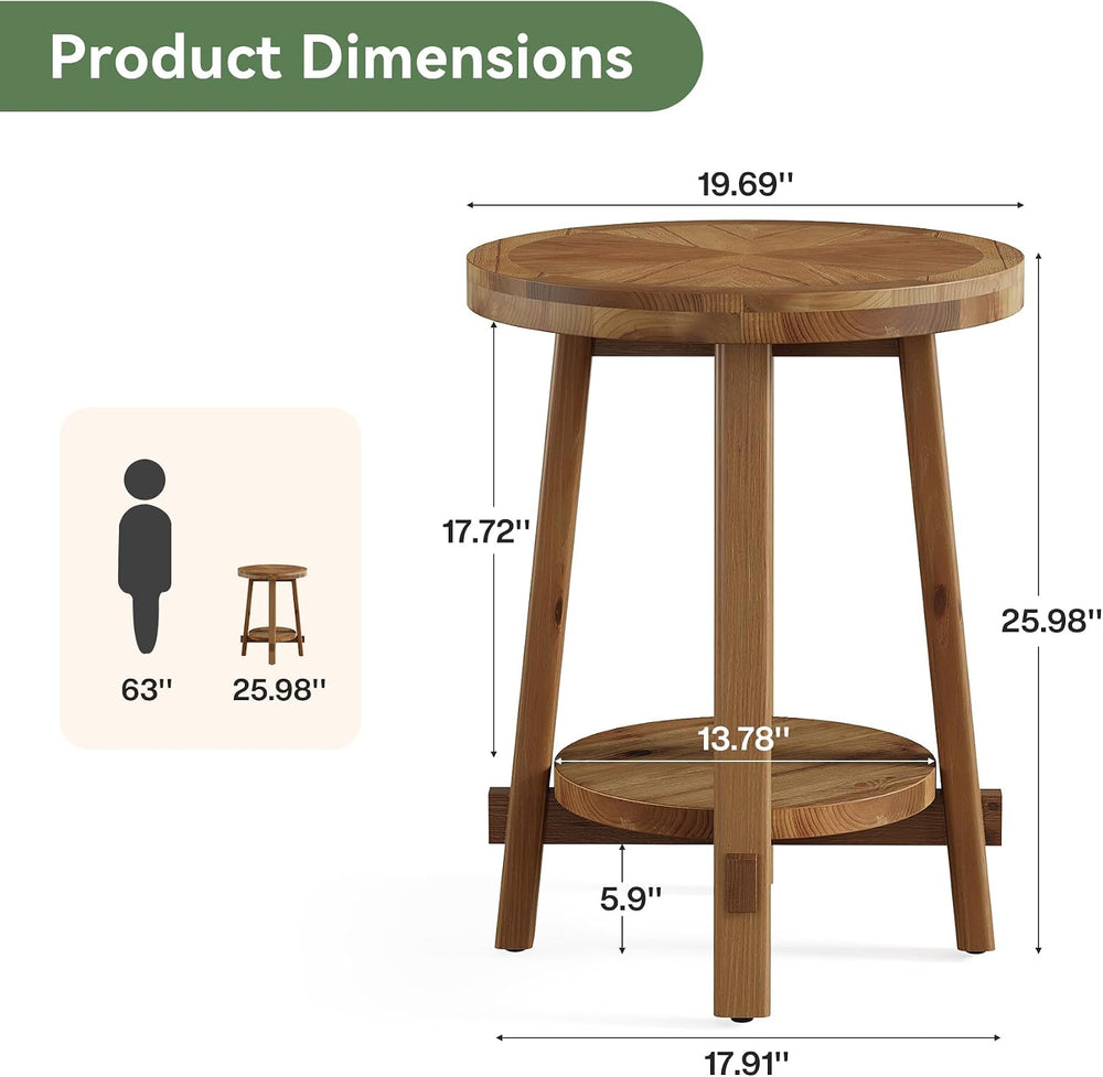 Solid Wood Side Table for Living Room, Small Round End Table with 2-Tier Stor...