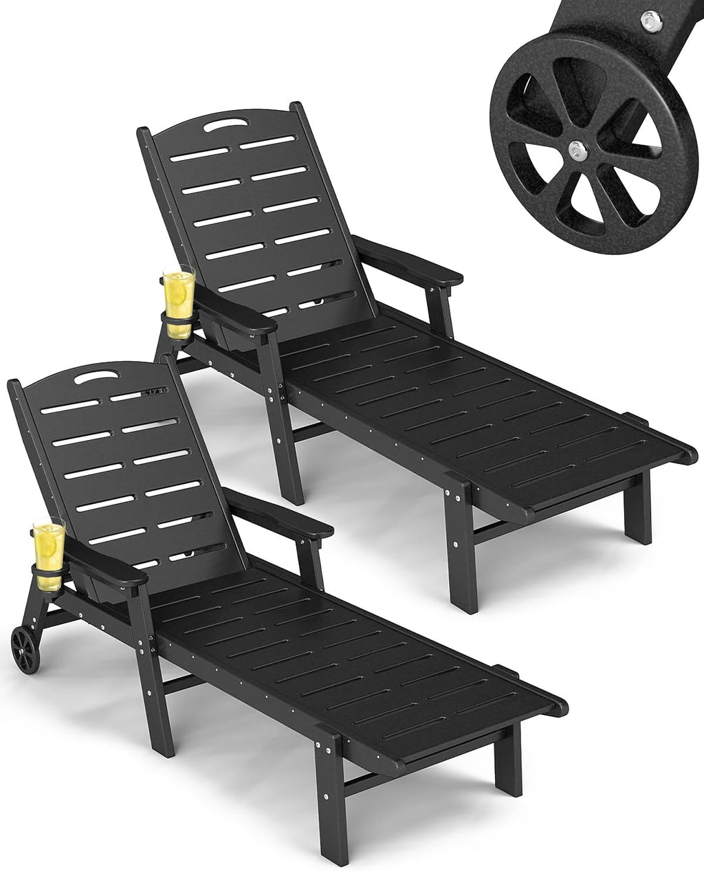 FOOWIN Chaise Lounge Chair Set of 2, HDPE Lounge Chair Outdoor with 5 Positions, Oversized Pool Lounge Chairs with Rolling Wheels & Cup Holder for Poolside Deck Backyard, Black