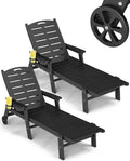 FOOWIN Chaise Lounge Chair Set of 2, HDPE Lounge Chair Outdoor with 5 Positions, Oversized Pool Lounge Chairs with Rolling Wheels & Cup Holder for Poolside Deck Backyard, Black