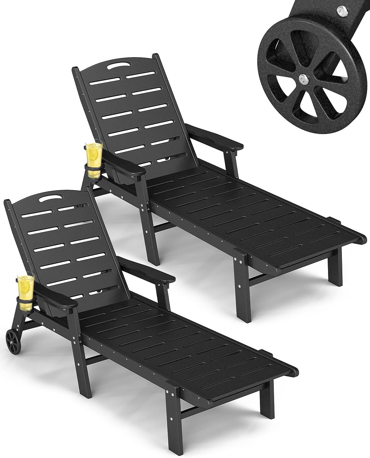 FOOWIN Chaise Lounge Chair Set of 2, HDPE Lounge Chair Outdoor with 5 Positions, Oversized Pool Lounge Chairs with Rolling Wheels & Cup Holder for Poolside Deck Backyard, Black