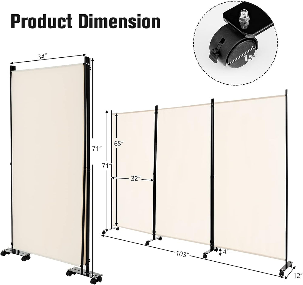 3 Panels Folding Privacy Screen, 6FT White Rolling Room Divider