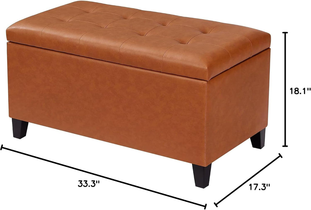 Joveco Storage Ottoman Bench, 33 Inches Faux Leather Rectangle Tufted Foot Stool for End Foot of Bed, Bedroom, Living Room,Vibrant Orange