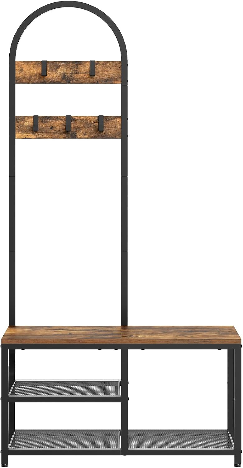 YATINEY Hall Tree, Coat Rack with Shoe Storage, Entryway Bench with Coat Rack and Shoe Shelf, All-in-One Entryway Storage Organizer, for Foyer, Hallway, Cloakroom, Rustic Brown and Black MT04BRY1