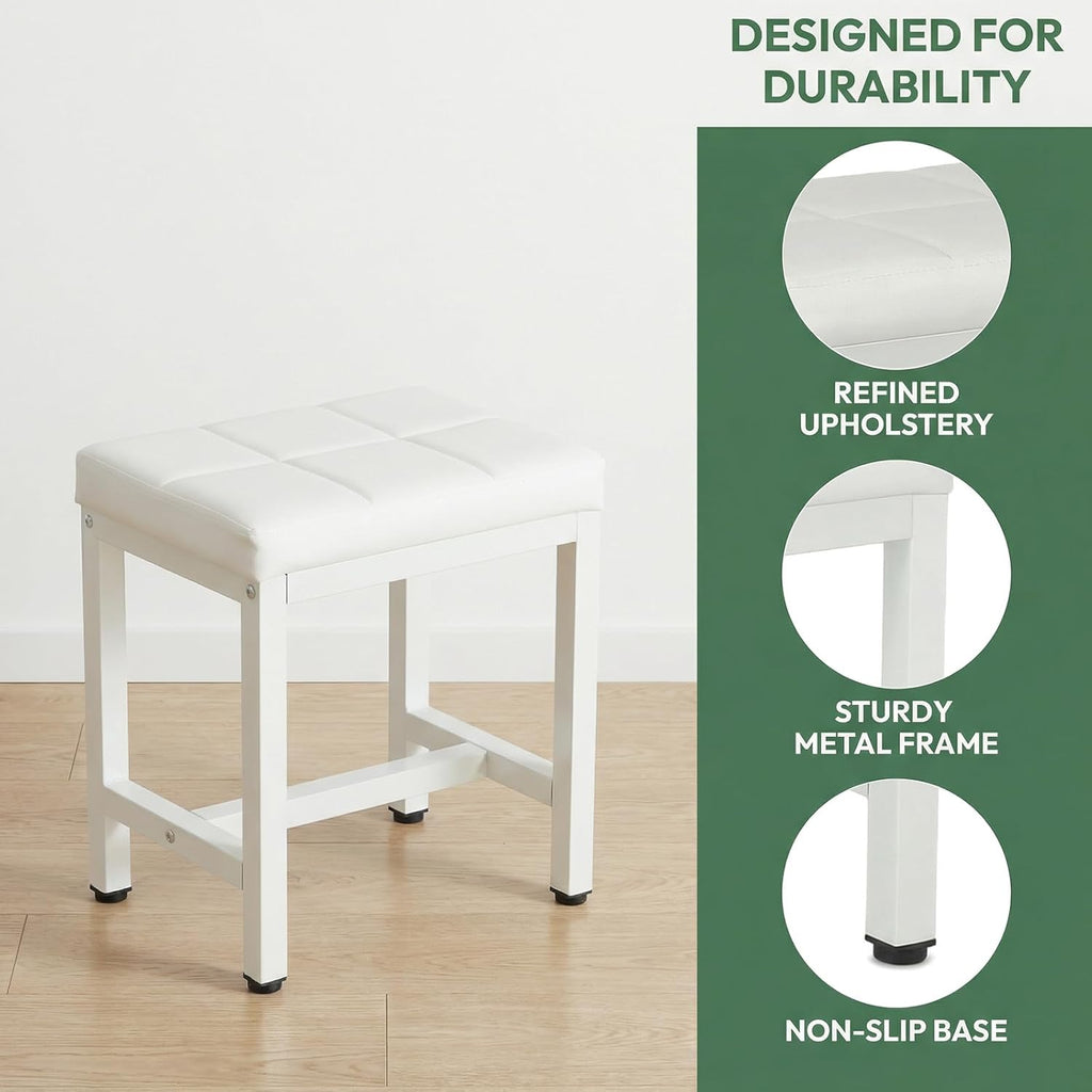 Vanity Stool Chair, Square Faux Leather Makeup Chair with Metal Legs, Cute Small Ottoman Vanity Bench, Foot Stool Chair for Vanity for Bedroom, Living Room, Bathroom, White