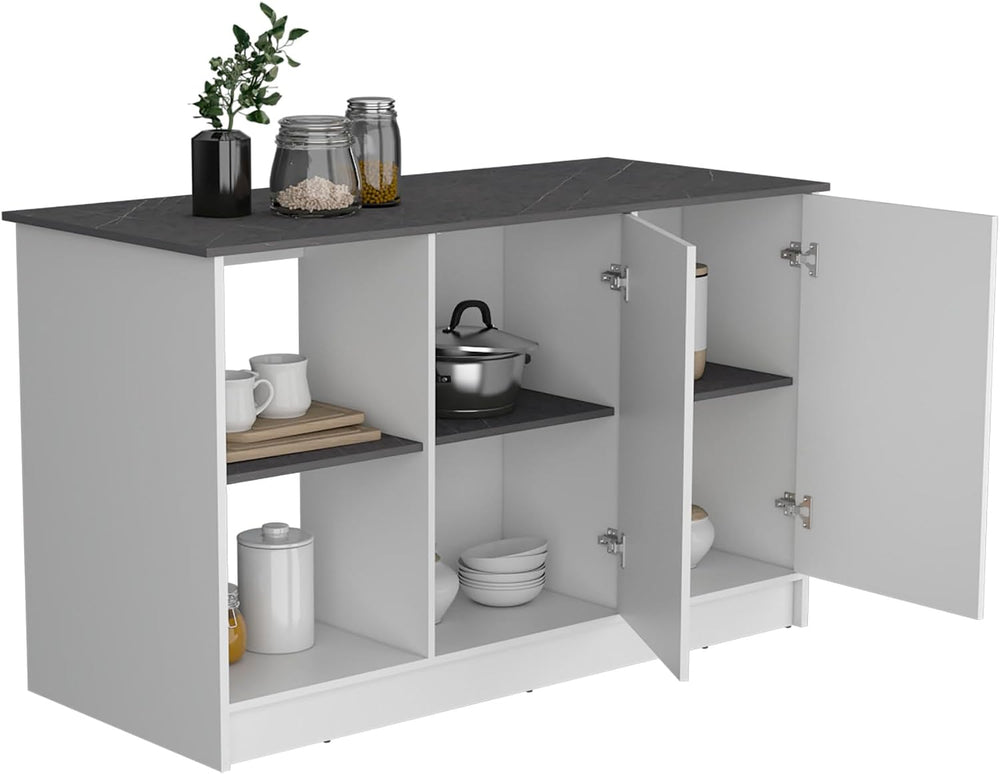 Kitchen Island with Large Top Surface and Double Door Cabinet White | Include...