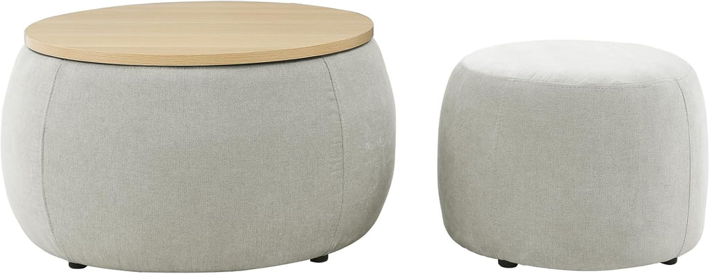Ball & Cast Round Upholstered Storage-Ottoman Set with Wood Tray, Large Storage Coffee Table w/Footstool & Removable Lid, Dia 25" Padded Bench & End Side-Table for Living Bedroom, Light Grey