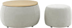 Ball & Cast Round Upholstered Storage-Ottoman Set with Wood Tray, Large Storage Coffee Table w/Footstool & Removable Lid, Dia 25" Padded Bench & End Side-Table for Living Bedroom, Light Grey