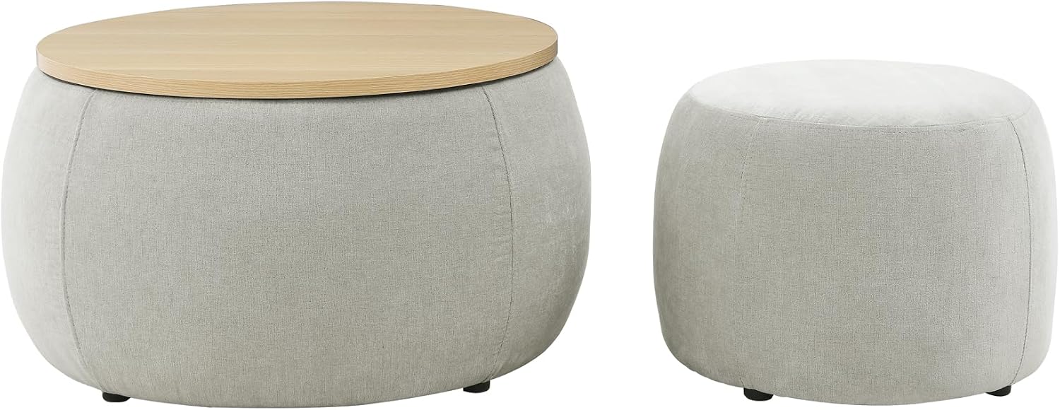 Ball & Cast Round Upholstered Storage-Ottoman Set with Wood Tray, Large Storage Coffee Table w/Footstool & Removable Lid, Dia 25" Padded Bench & End Side-Table for Living Bedroom, Light Grey