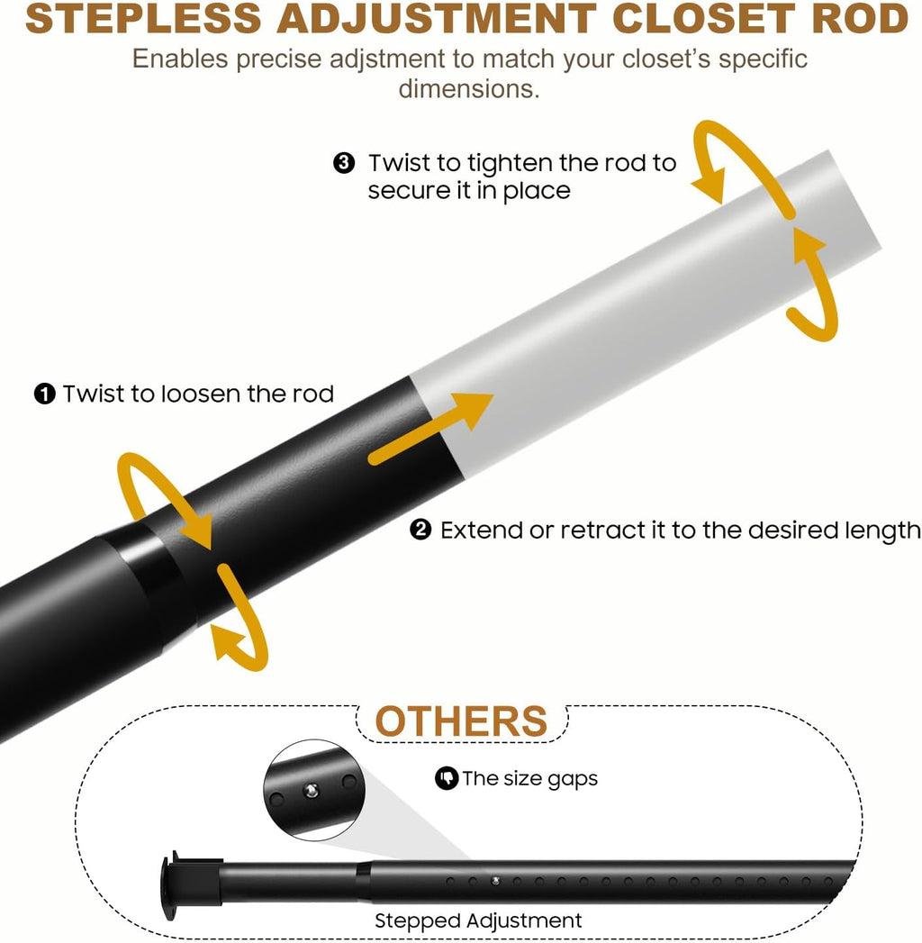 Closet Rods for Hanging Clothes, 16.5 to 88 Inches Stepless Adjustable Closet Rod, Heavy Duty Clothes Hanging Rod for Closet Wardrobes Laundry