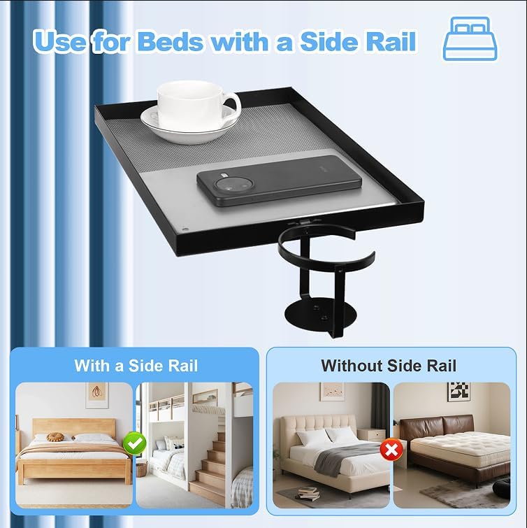 Luckyone Bedside Shelf Metal for Bunk Bed & Top Bunk, Clip On Nightstand, Bed Side Table Tray Organizer, College Dorm Room Essentials with Hook, Cord Clip and Cup Holder