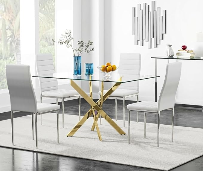 5 Piece Glass Dining Table Table Set, Tempered Glass Dining Table Set for 4 Kitchen Table Set with 4 Upholstered Chairs for Kitchen Dining Room (Gold Leg Table with White Chair)
