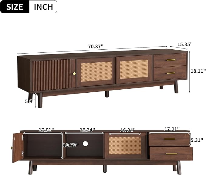 Ball & Cast Mid-Century Modern TV Stand for TVs up to 80", 70" Media Console with Rattan Sliding Doors & 2 Drawers,Solid Wood Legs,Entertainment Center w/Storage for Living Room,Bedroom,Dark Brown