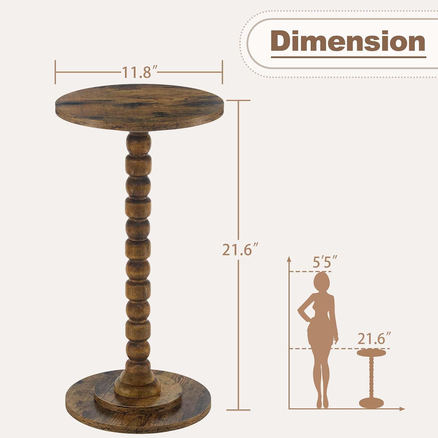 Round Side Table, Small End/Drink Table for Small Spaces, Modern Accent Tables with Solid Wood Leg for Bedroom, Living Room, Corners and Office (Rustic Brown)