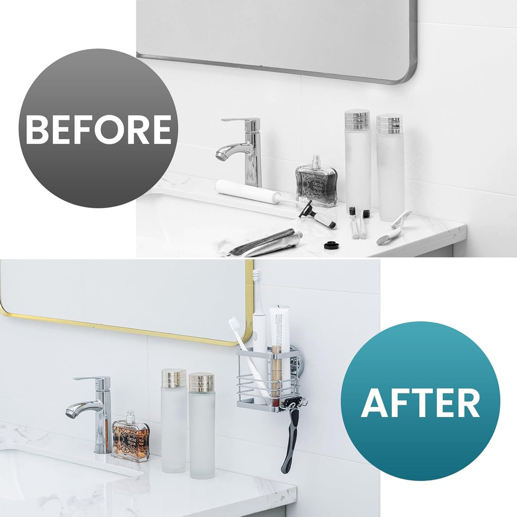 TAILI Patented Suction Cup Toothbrush Holder, Stainless Steel Anti-Puddling Shower Toothbrush Holder, No Drilling Removable Organizer for Bathroom Toothpaste, Razor, Kitchen and Office Items, Silver