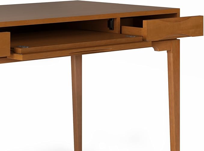 SIMPLIHOME Harper Desk - 60-Inch Wide Solid Hardwood Writing Desk in Light Golden Brown, Mid-Century Modern Home Office Computer Table for Study with 2 Drawers and Flip-Down Keyboard Tray