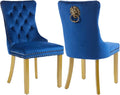 Velvet Dining Chairs Set of 2, Modern Tufted Dining Room Chair, Upholstered Dining Chairs with Lion Head Pulls Ring and Golden Solid Wood Legs, Luxury Kitchen Chairs for Dining Room, Blue
