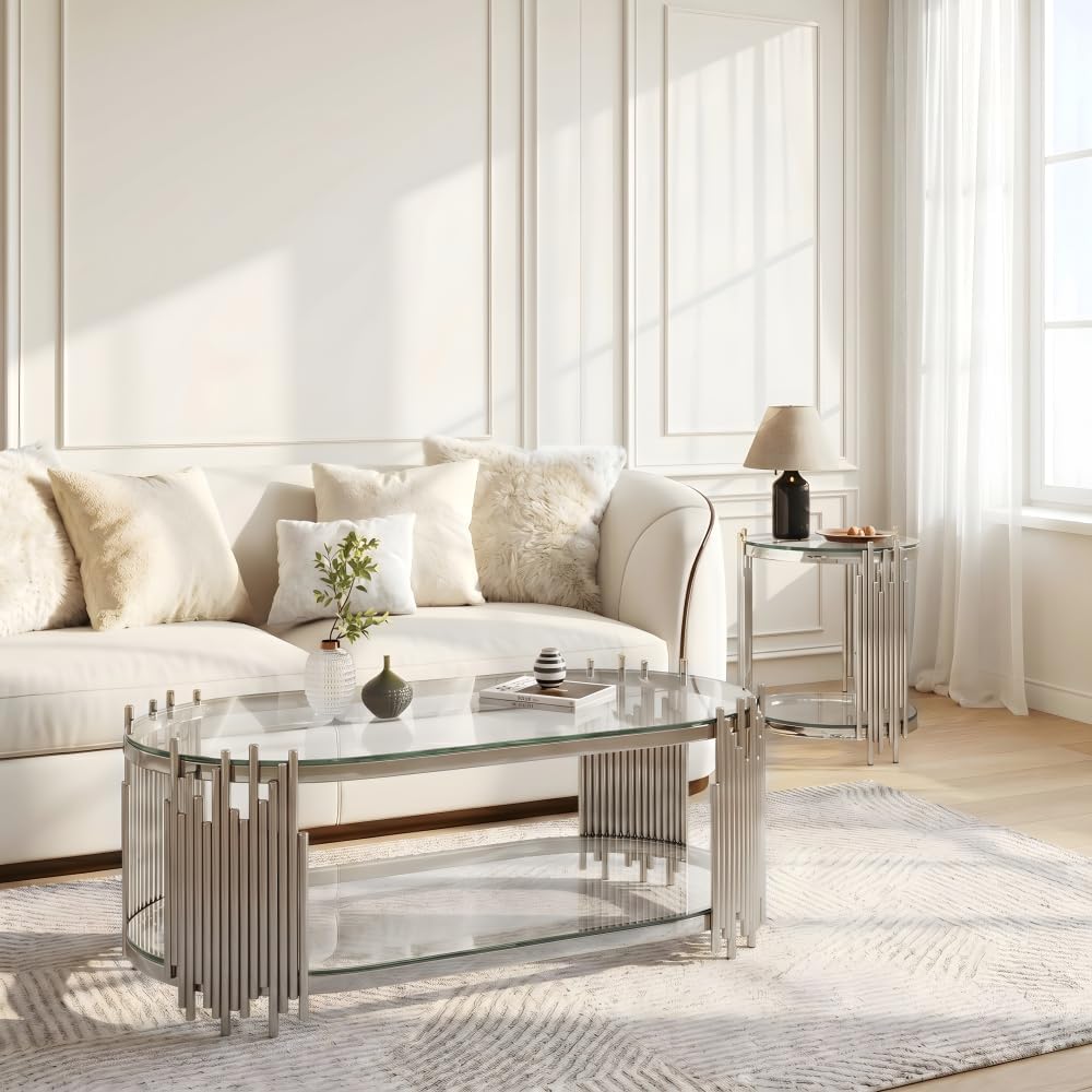 Oval Coffee Table and Round Side Table Set of 2, 2-Tier Clear Tempered Glass ...