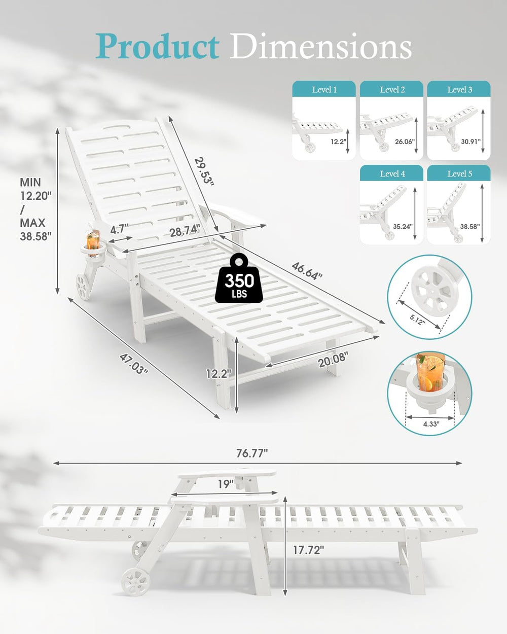 Ciokea Outdoor Chaise Lounge Chair, 5-Position Adjustable, White | HDPE All-W...