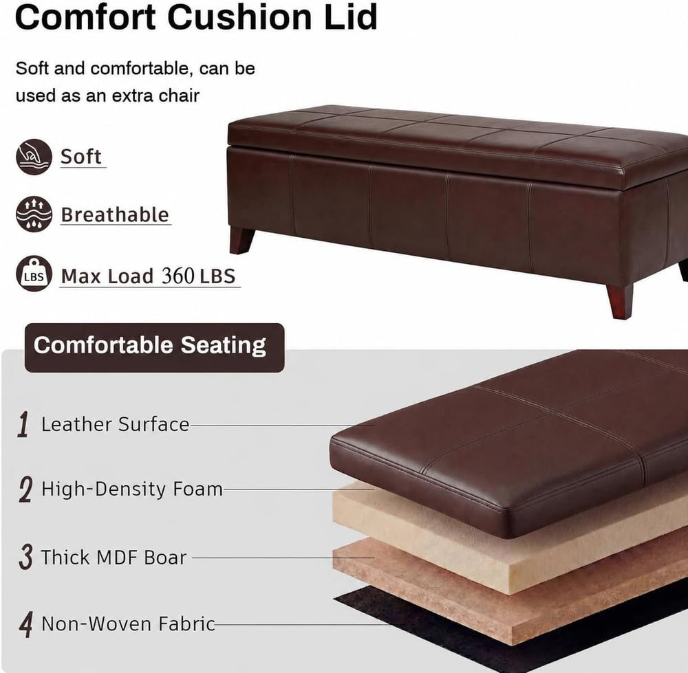 51" Coffee Brown Faux Leather Storage Ottoman | Foot Rest with Hinged Li...