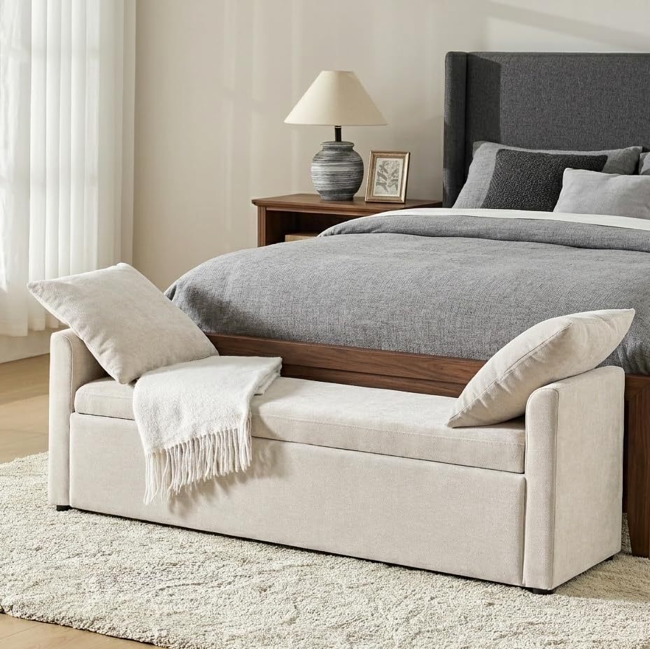 HULALA HOME 59" Storage Bench with 2 Throw Pillows, Modern Long Bedroom ...
