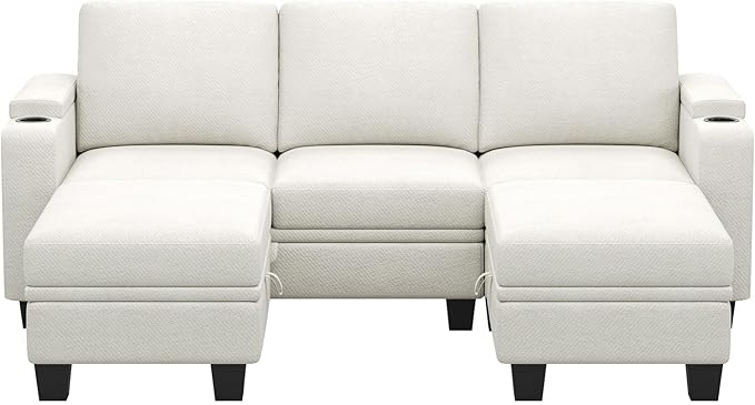 Belffin Small Corner Modular Sectional Couches for Living Room U Shaped Couch with Cup Holder White Couch