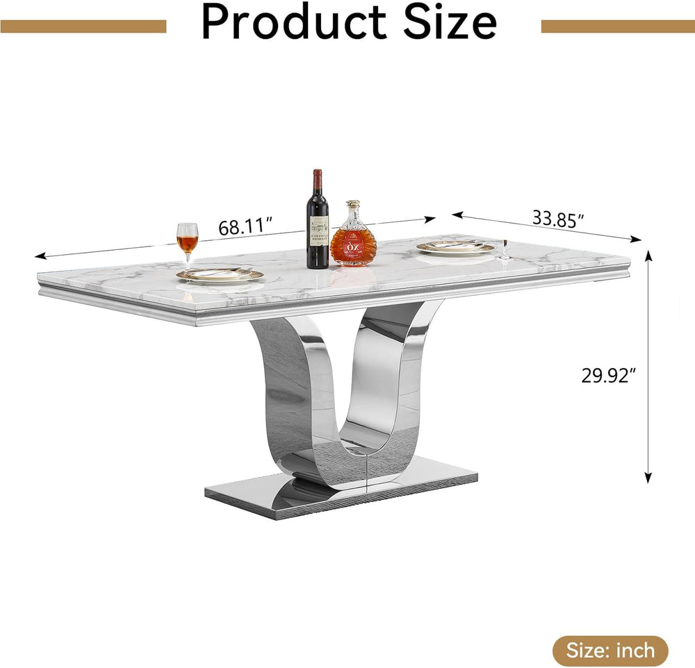 SSLine Modern White Marble Dining Table for 6-8 Rectangle 68" Faux Marbl...