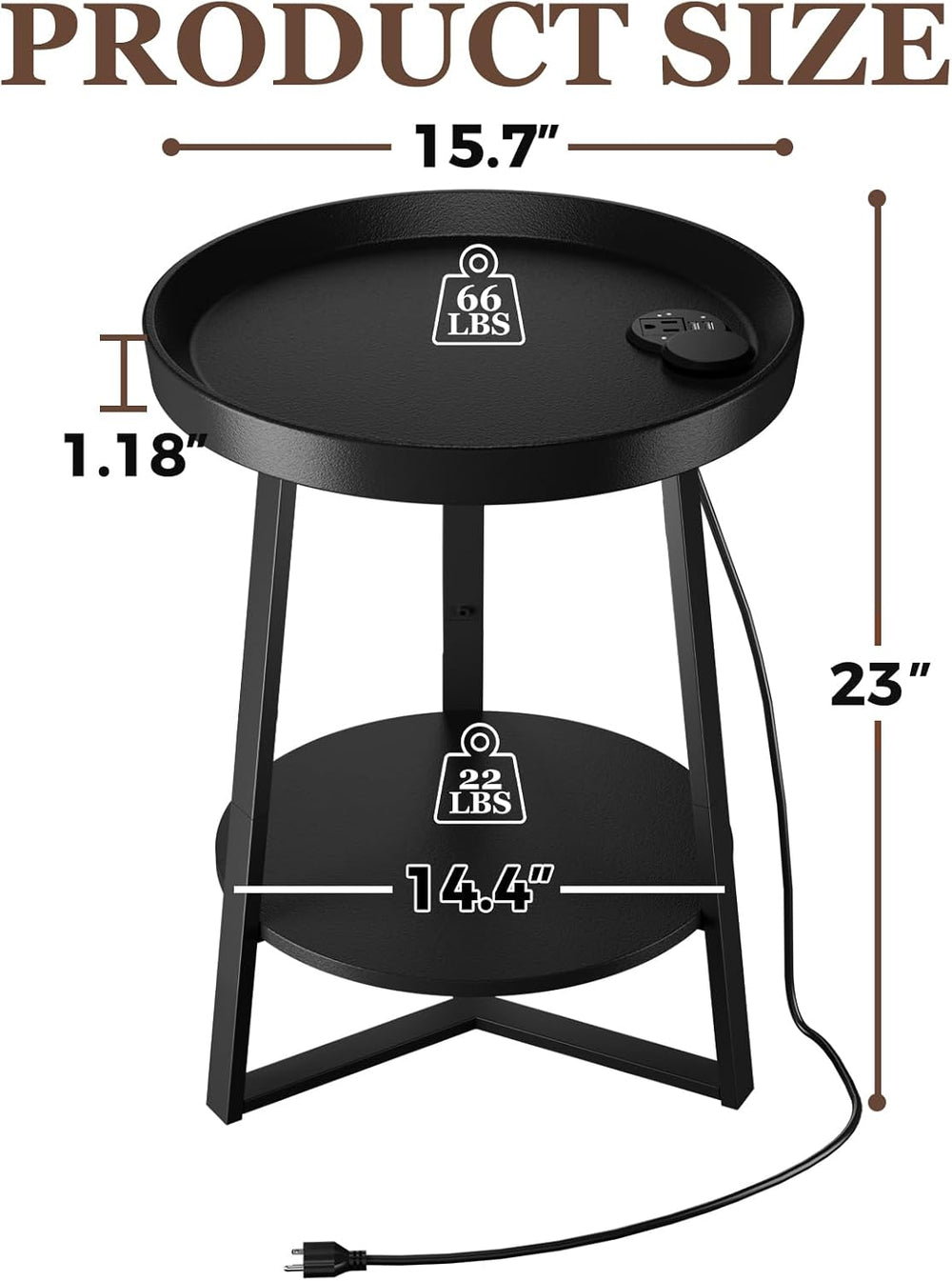 Gadroad Round End Table with Charging Station, Wood Tabletop & Black Meta...