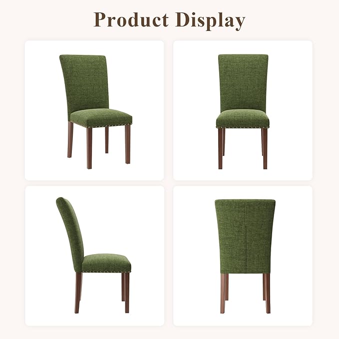 Stylish Dining Chairs Set of 6, Upholstered Parsons Dining Room Chair with Nailhead Trim, Kitchen Room Chair with Thick Cushions and Wood Legs, Nailhead Trim, Green