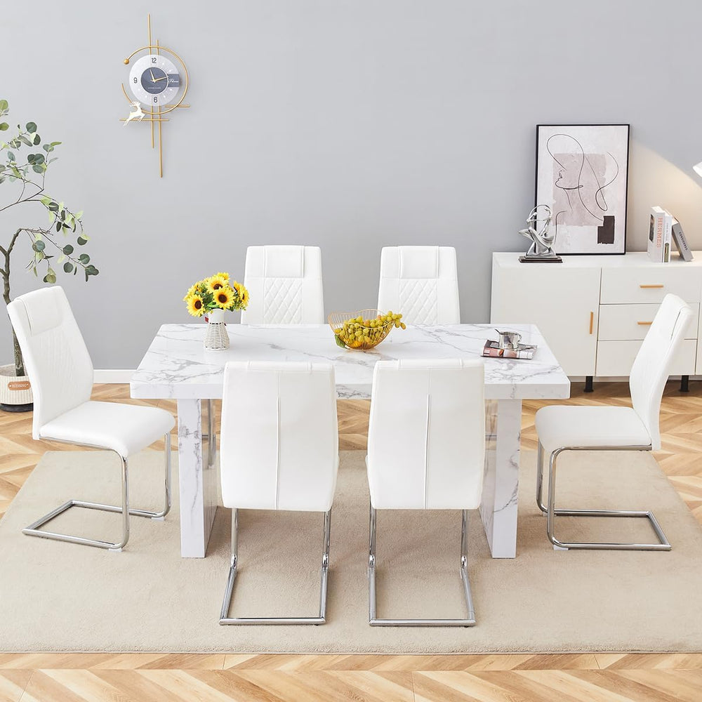 gopop 7 Piece Dining Table Set, Marble Dining Table Set for 6, 63" White...