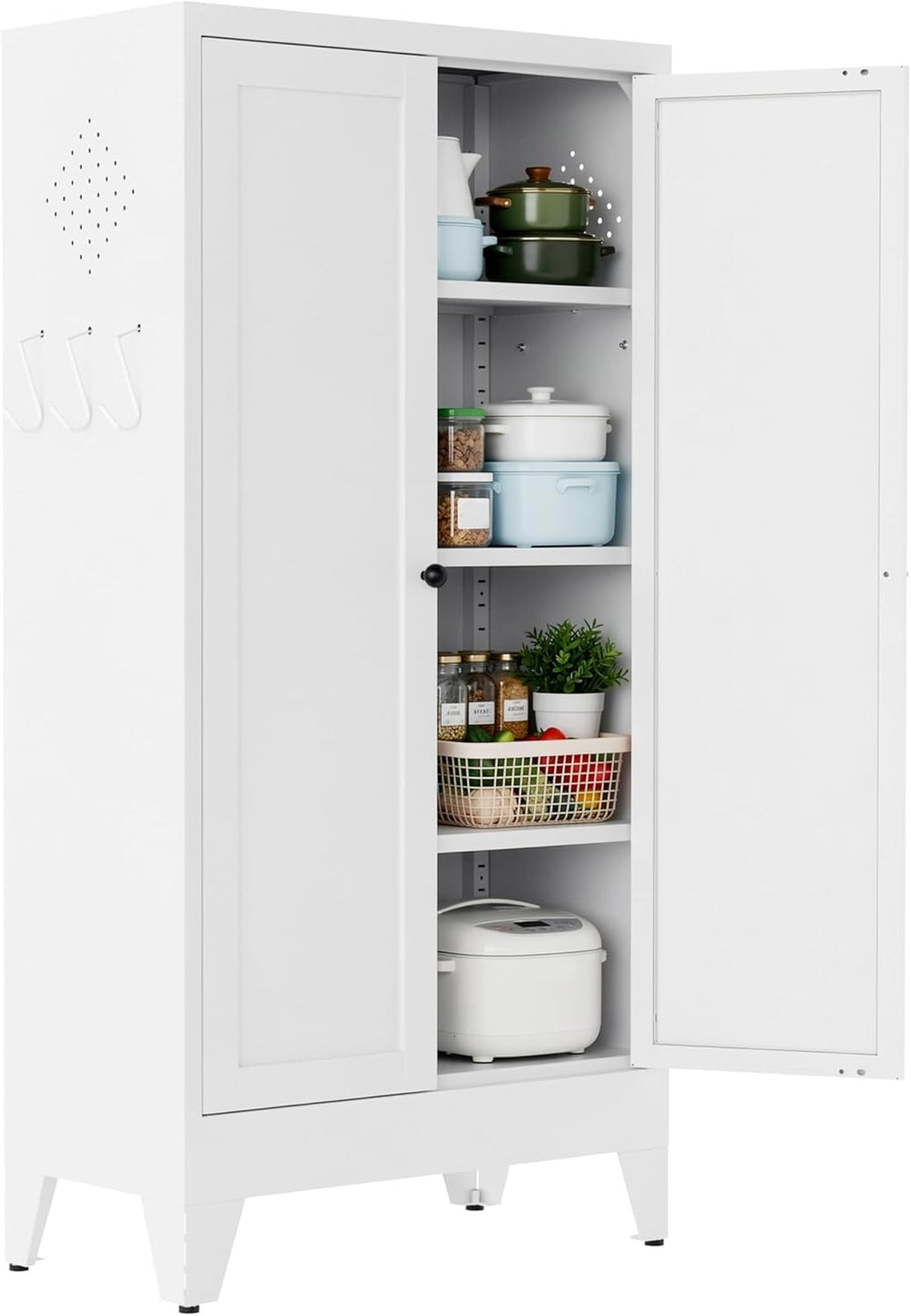47.3 Inch White Metal Pantry Cabinet Freestanding Storage Organizer with 3 Ad...