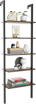 Tangkula Industrial Ladder Shelf Against The Wall, 5-Tier Wall Mount Ladder Bookshelf with Metal Frame, 72 Inch Open Bookcase Plant Flower Stand Display Storage Rack for Home Office (Rustic Brown)