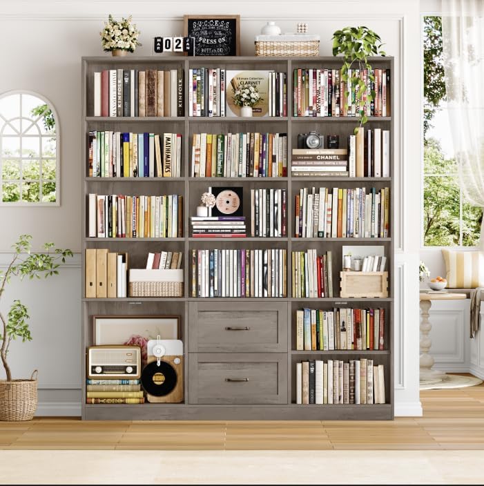 HOSTACK 71" Tall Triple Wide Bookshelf with Storage Drawers & Doors,...