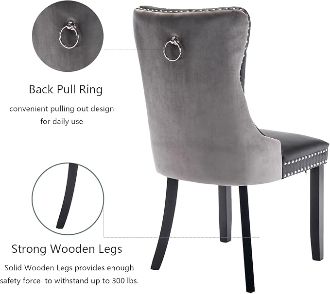 Dining Chairs Set of 4, Upholstered Dining Room Chairs with Back Ring Pull Trim and Solid Wood Legs, Modern Tufted Kitchen Chairs Perfect for Dining Room, Black Pu Leather Splicing Grey Velvet