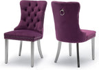 Velvet Upholstered Dining Chairs Set of 2, Modern Kitchen Side Chairs with Nailhead Trim and Silver Plated Leg, Metal Pulling Ring for Dining Room Living Room(Purple-Silver Plated Leg)