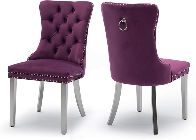 Velvet Upholstered Dining Chairs Set of 2, Modern Kitchen Side Chairs with Nailhead Trim and Silver Plated Leg, Metal Pulling Ring for Dining Room Living Room(Purple-Silver Plated Leg)