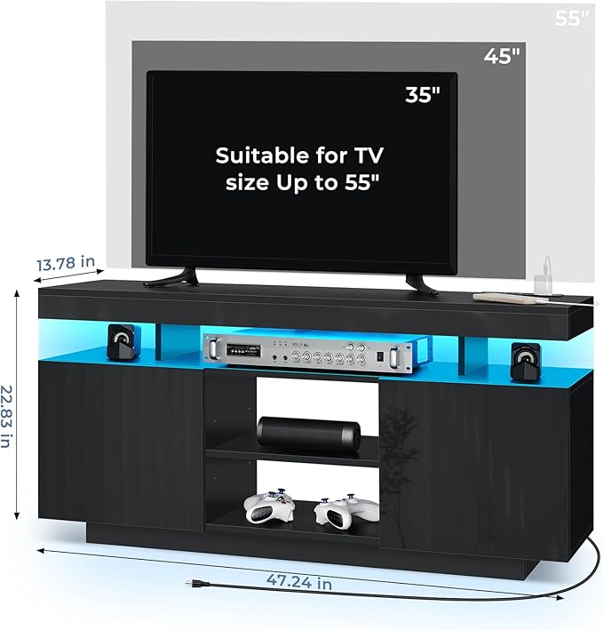 HOMMPA Modern LED TV Stand for 55/50/43/40/32 inch TVs with Power Outlets, Gaming Entertainment Center with Storage Media Table TV Consoles for Living Room, Black