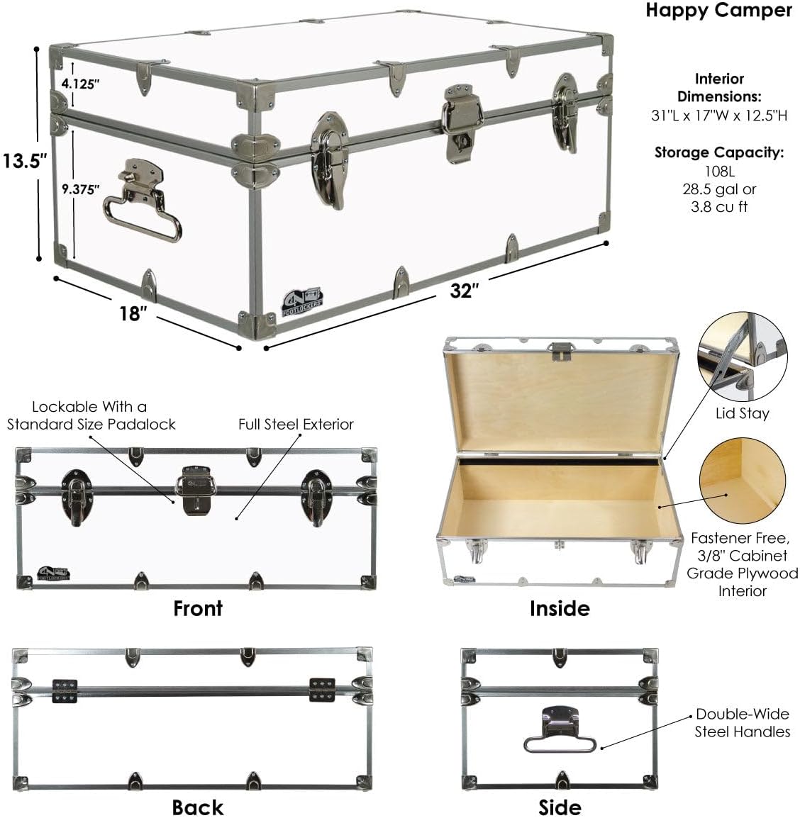 C&N Footlockers - Full-Size Happy Camper Trunk w/Wheels - #1 Summer Camp Trunk - Made in the USA - Steel Footlocker with Lid Stay - 32 x 18 x 13.5 Inches (Mint)