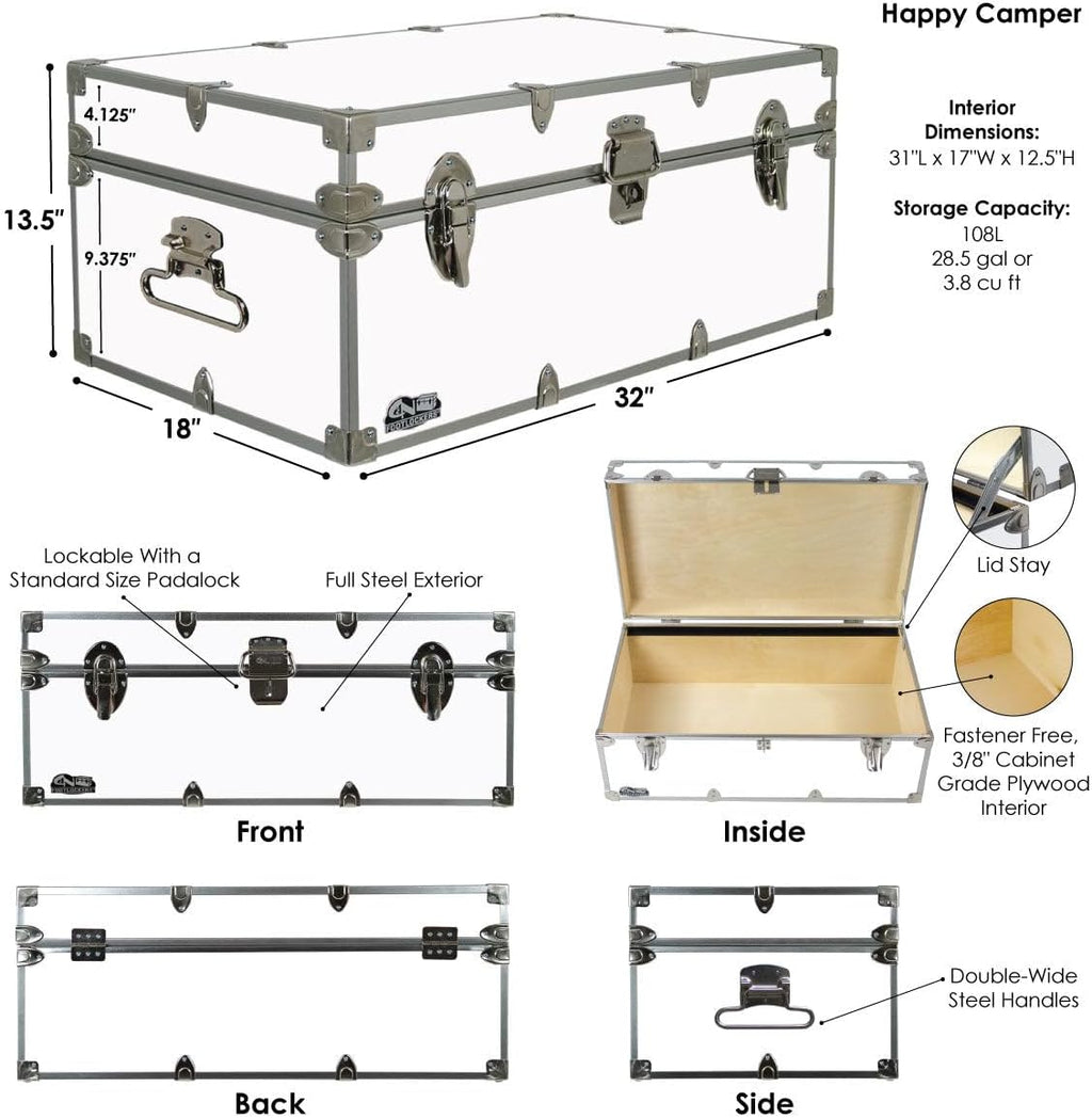 C&N Footlockers - Full-Size Happy Camper Trunk - #1 Summer Camp Trunk - Made in the USA - Steel Footlocker with Lid Stay - 32 x 18 x 13.5 Inches (Gray)