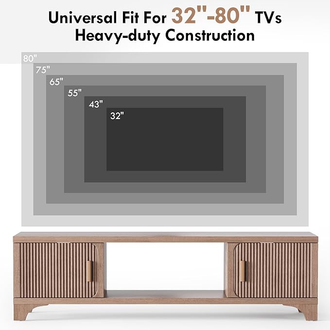 58 Inch Mid Century Modern TV Stands for Living Room, Boho Media Console for Bedroom, TV Entertainment Center with Storage, Wood Television Cabinet, Light Brown