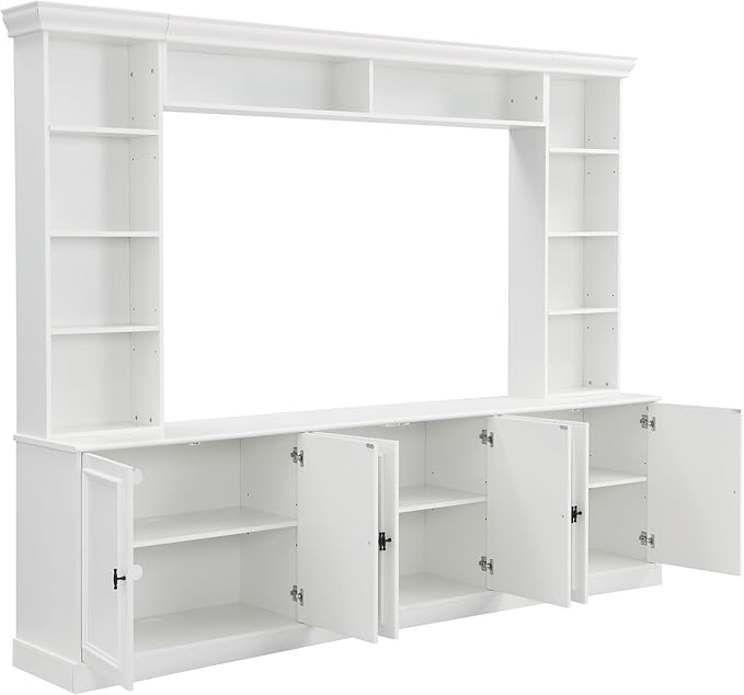 97.4"W Elegant 4-Piece Wall Unit Entertainment Center with Bookshelf for TVs Up to 70", Versatile TV Stand with Adjustable Shelf and Bridge, Mid-Century Media Console for Living Room (White/TV)