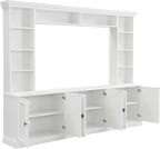 97.4"W Elegant 4-Piece Wall Unit Entertainment Center with Bookshelf for TVs Up to 70", Versatile TV Stand with Adjustable Shelf and Bridge, Mid-Century Media Console for Living Room (White/TV)