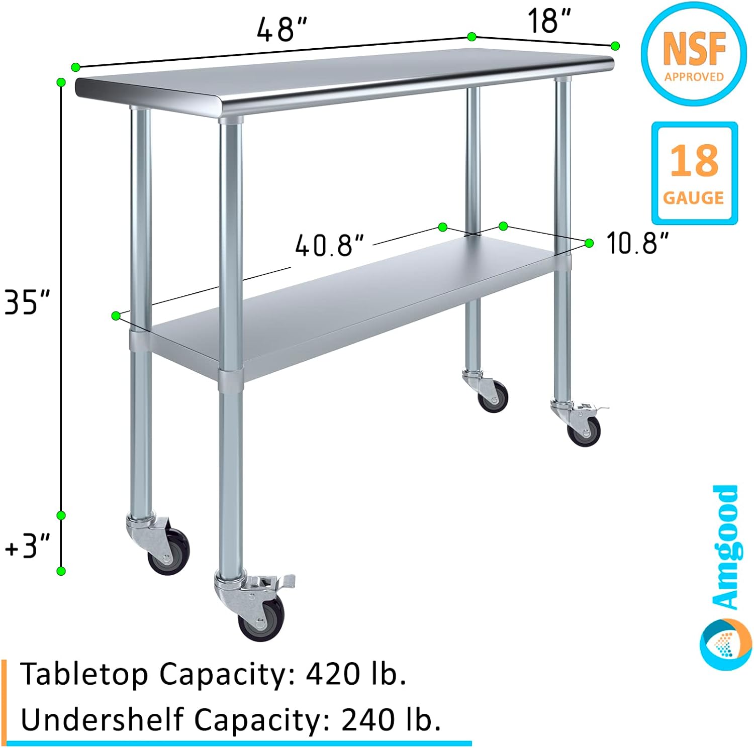 AmGood 18" x 48" Stainless Steel Work Table with Casters | Heavy Duty Metal Utility Table On Wheels | Kitchen Island Cart