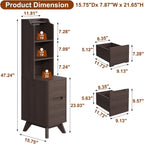 Tall Nightstand with Charging Station, Narrow Side Table with Bookshelf, 47" Tall Free Standing Wooden Night Stand with 2 Drawers and 4 Open-Shelves, Modern End Bedside Table for Bedroom, Brown
